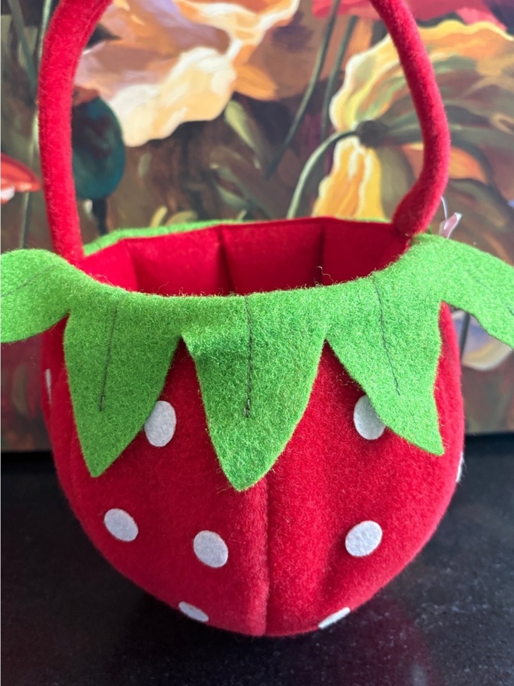 NWT Red Strawberry Kids Felt Basket with Green Leaf Trim